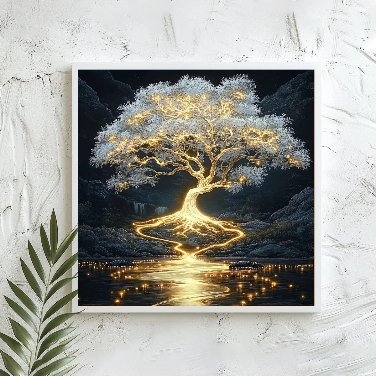 1 Stück 40x40 cm/15,74 Zoll, 11Ct/14Ct Kreuzstich-Set, DIY Valentinstagsgeschenk, Stickerei-Set für Festlichkeiten, Golden Leuchtender Lebensbaum – Detail 2