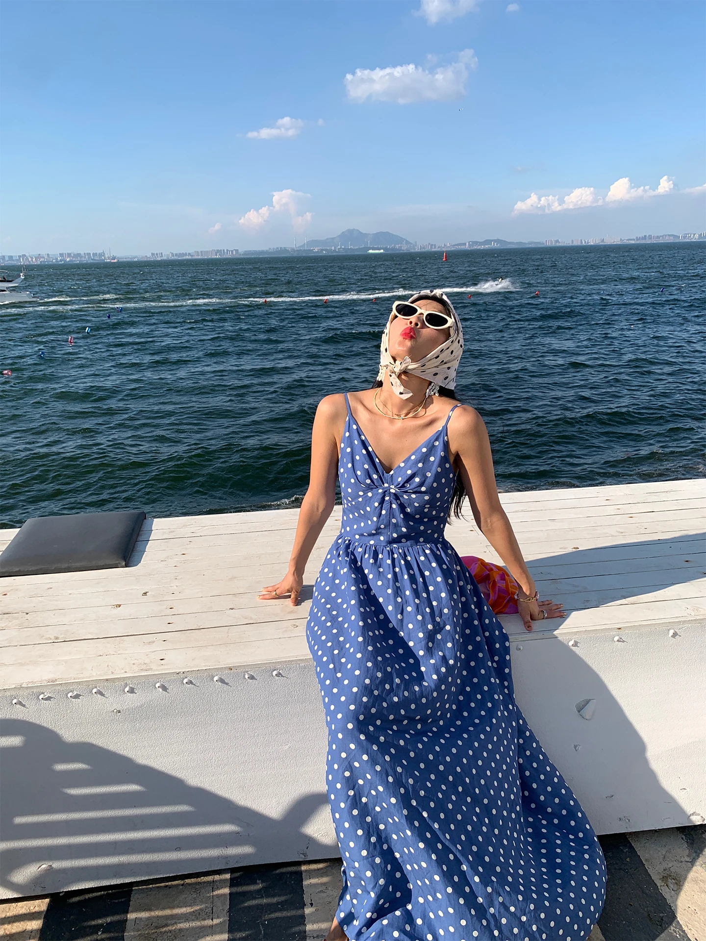 

Summer Vacation Beach Dot Print Off-Shoulder Cotton Gauze Wrap Waist Dress Women's Regular Fit V-Neck Gown for Traveling