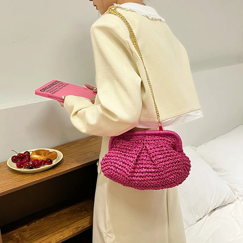 2023 Summer Fashion Women All-match Clutch Sense Of Straw Weave Wallet Bags Ladies Chain Shoulder Bags Hot Pink Crossbody Bags