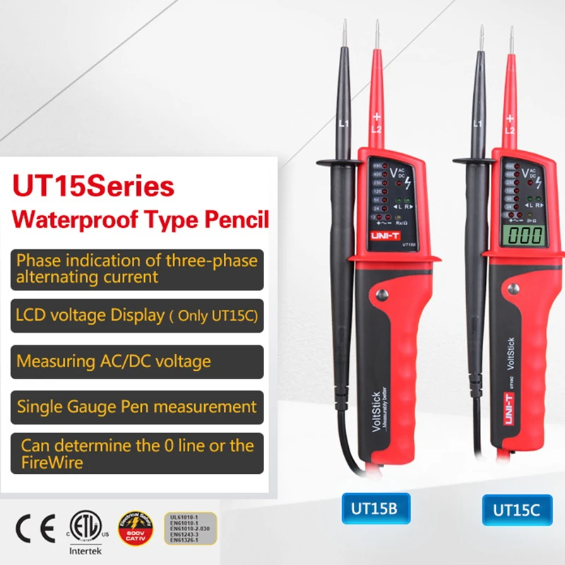 UNI-T UT15C Waterproof Digital Voltage Meter 24V~690V AC/DC Voltage Testers LCD Display Auto Range Phase Rotation Voltage Tester