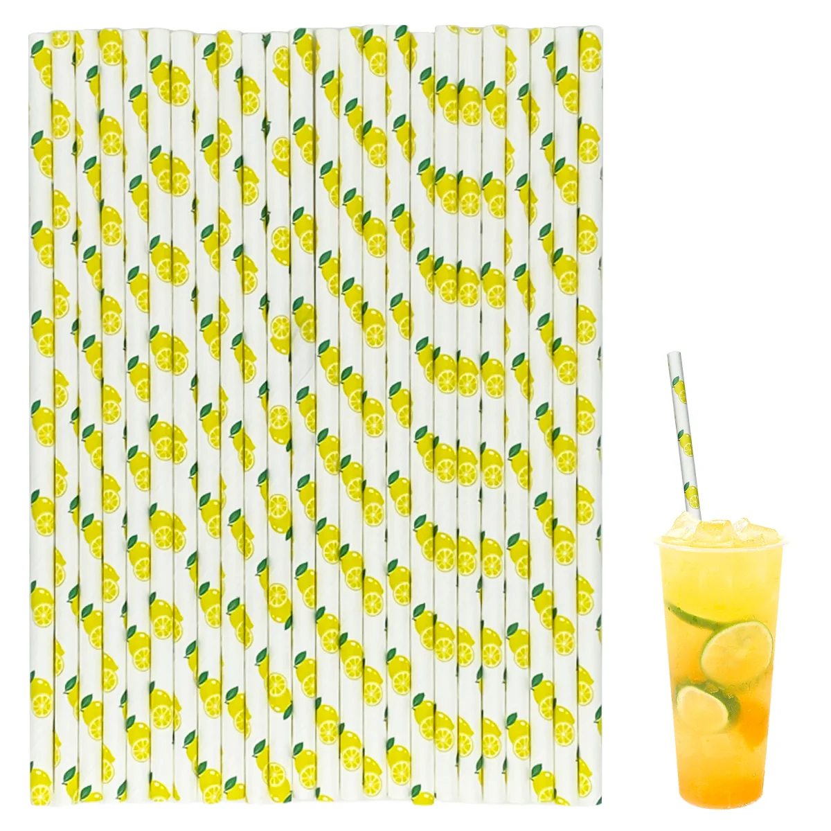 

100Pcs Lemon Paper Straws 7.75 in Long Cocktail Straws Disposable Straws for Smoothies Tumblers Cocktail Milk Shake for Party