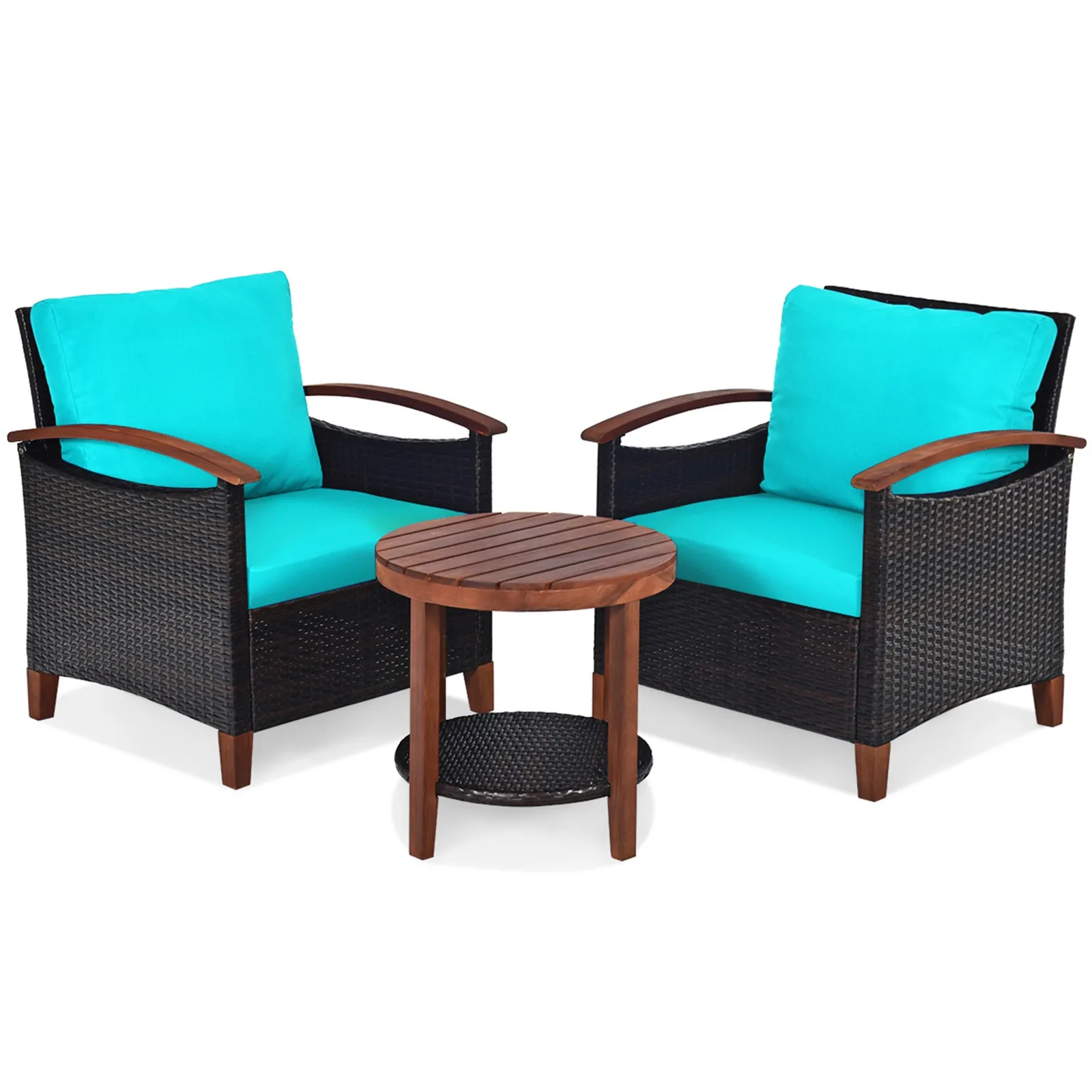 

3PCS Patio Wicker Rattan Conversation Set Outdoor Furniture Set w/ Turquoise