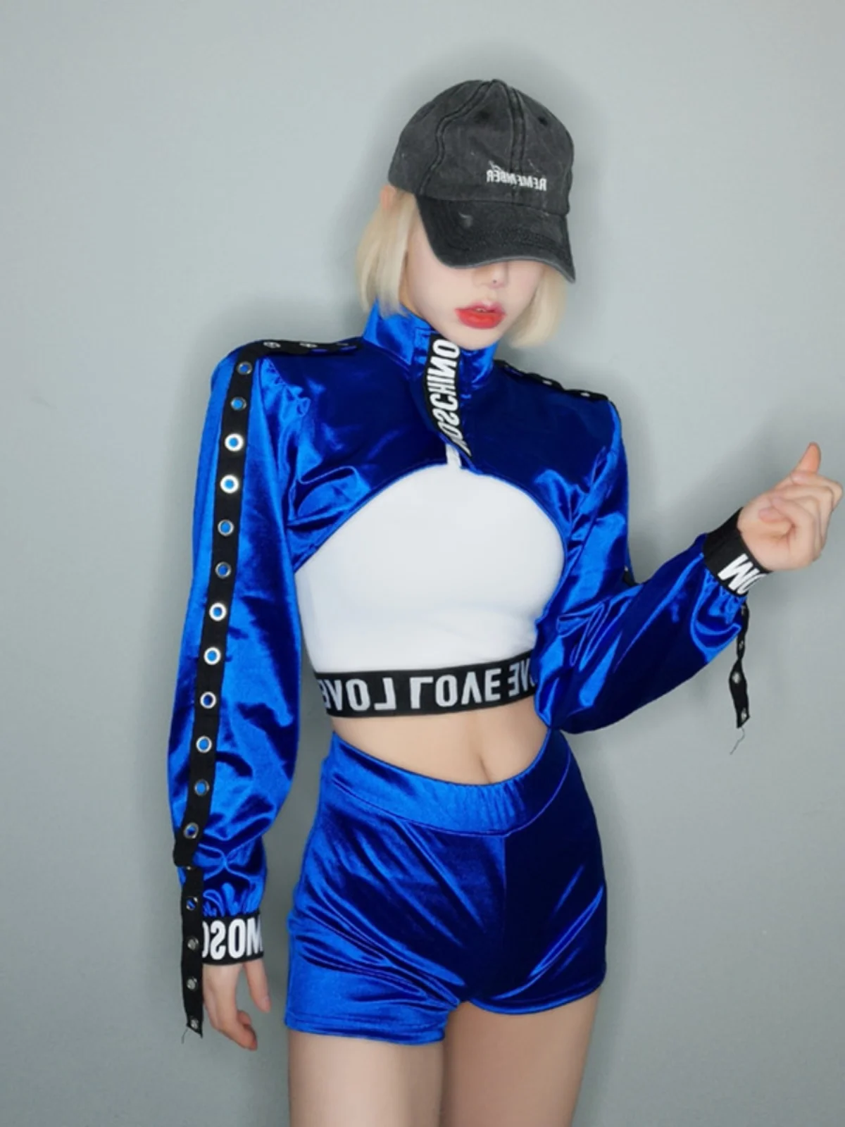 Blue Short Sleeveless Women's Performance Costume Long Sleeve Belly Show off Stage Dance Outfit Team Corporate Event Wear