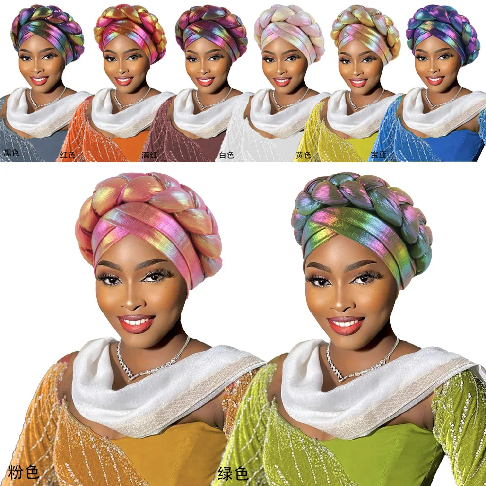 

African Auto Gele Headtie Shiny Turban Cap for Women Nigeria Wedding Party Geles Muslim Hijab Bonnet Braids Head Wrap Headgear
