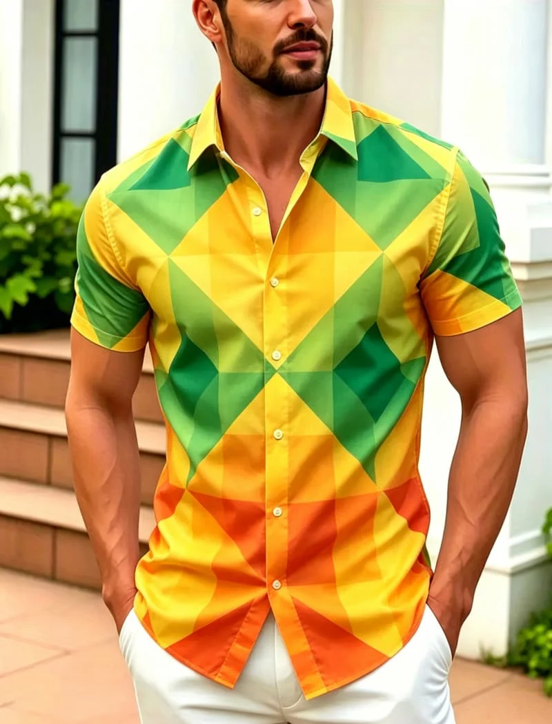 Men's Shirt Cuban Collar Gradient Triangle Geometric Pattern Short Sleeve Slim Fit Urban Vacation Trendy Men Clothing