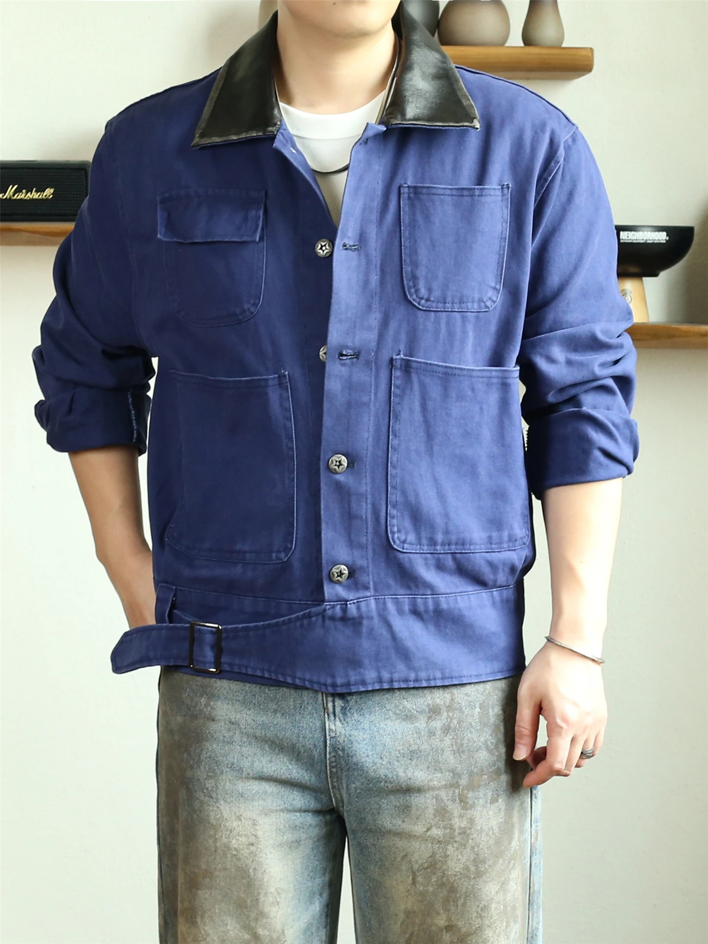 

Retro American Blue PU Leather Collar Jaet Men's Casual Waed Outerwear Fall Season Breathable Stand Fit Long Sve