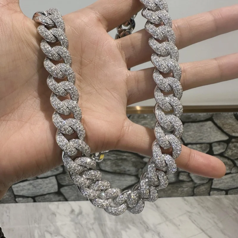 12mm 15mm 20mm Moissanite High Quality Hand Made 925 Sterling Silver Cuban Link Chain Pass Diamond Tester