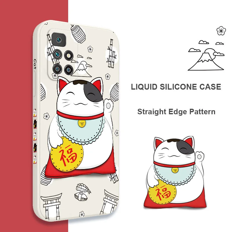 Funda de teléfono de gato de la buena suerte, cubierta de silicona líquida para Xiaomi Redmi 13C, 12, 12C, 10, 10C, 10A, 9, 9T, 9A, 4G, 5G