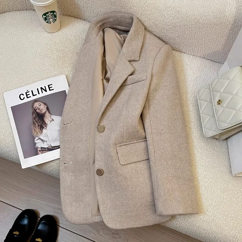 New Autumn Winter High-Quality Woolen Suit Jacket Women Long Sleeve All-match Blazer Coat Female Office Ladies Suit Outwear Tops