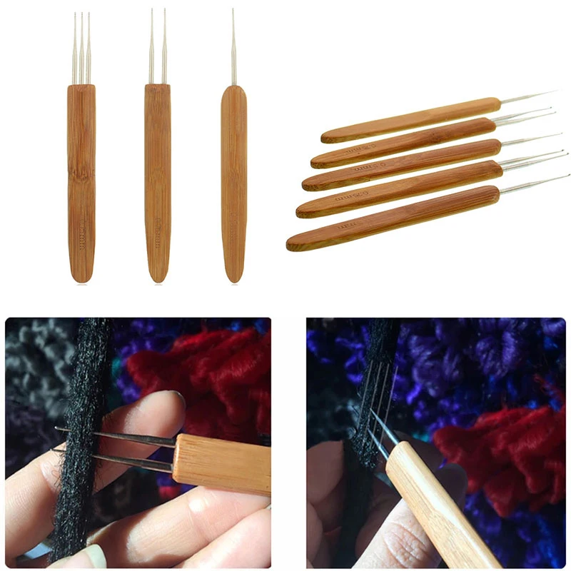 Profeesional Dreadlock Crochet Bamboo Handle Hook 0.5Mm 0.75Mm 1-Hook 2-Hooks 3-Hooks Needle For Dreads Lock Needle 1Pcs/Set YZL