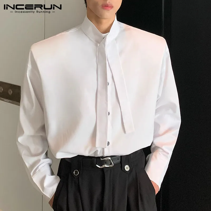 INCERUN Tops 2024 Korean Style New Men\'s Solid Bow Tie Design Blouse Casual Fashion Male Shoulder Pad Long Sleeved Shirts S-5XL