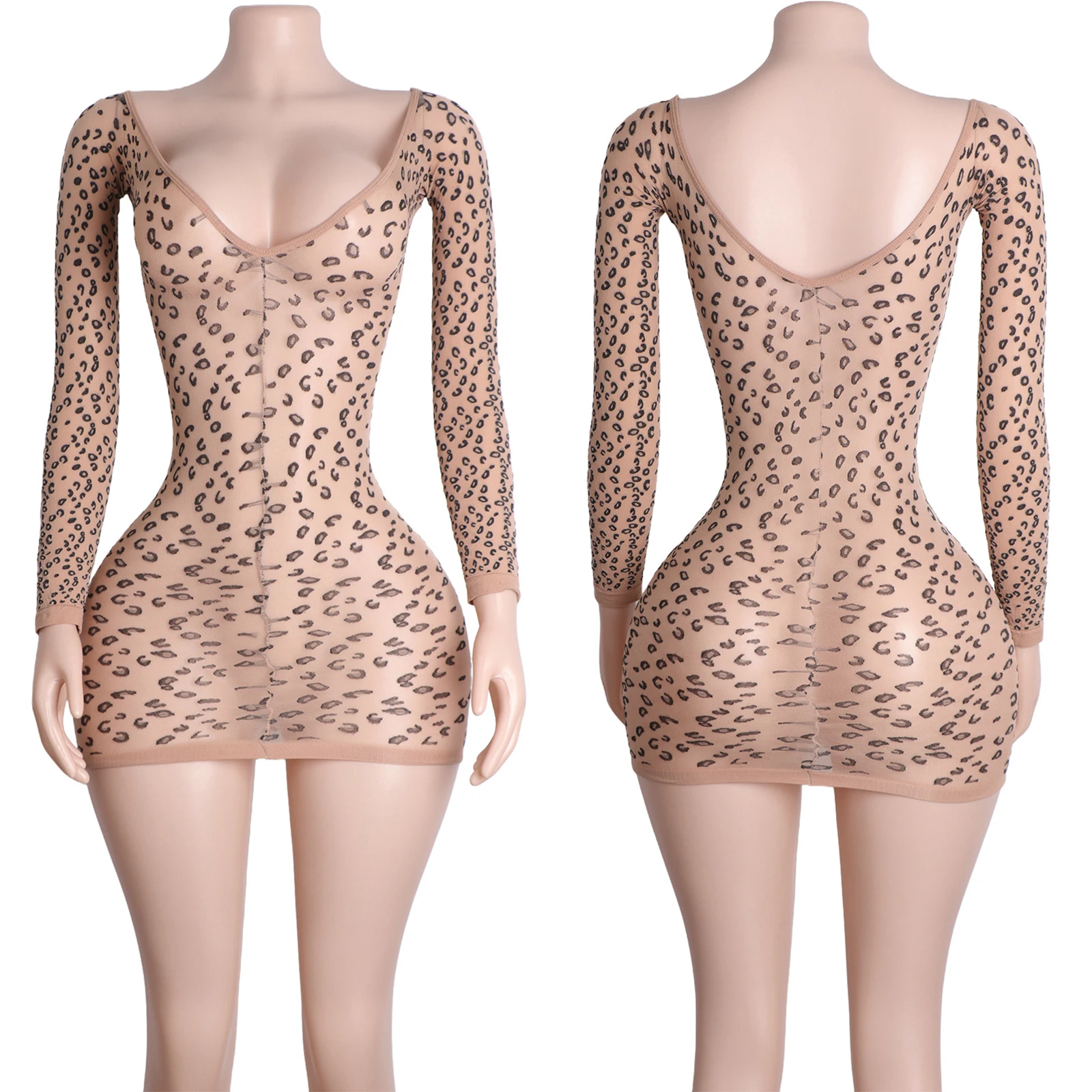 エキゾチックダンスウェア レオパード柄 ボディスーツ ディープVネック 長袖 クラブ パフォーマンス衣装 ストリッパー コスチューム タイトジャンプスーツ