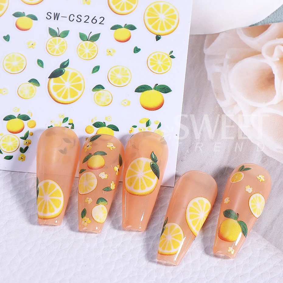 3 szt. Owoców cytryny naklejki na paznokcie 3D śliczne truskawki jagody płatki naklejki na paznokcie DIY samoprzylepny suwak letni Manicure dekoracje