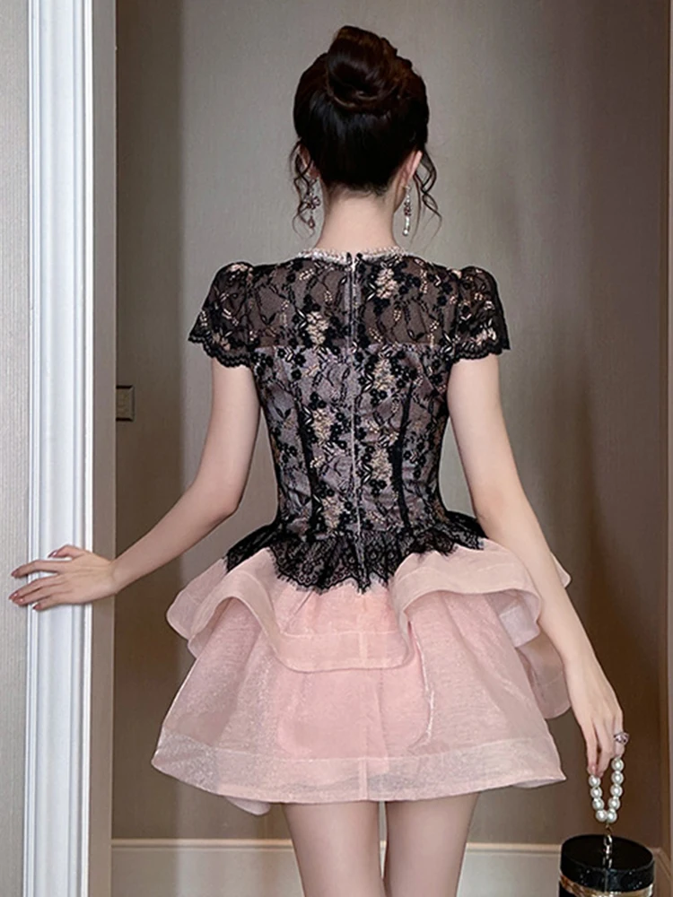 Women's Vintage French Cake Dress Exquisite Socialite Black Pink Patchwork Lace Hook Flower Hollow Ruffles Gown Party Vestidos