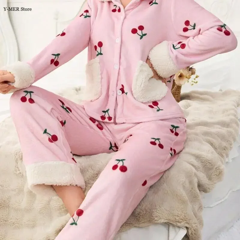 

2Pcs Long Sleeve Trousers Suit Homewear Pink Cherry Print Pajamas Suit Women Warm Flannel Sleepwear with Pocket Lady Pjs