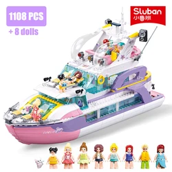 Sluban Friends Luxury Yacht Boat Party Cruise Vessel Model Building Blocks Ship Set Sea 8 Figures MOC Toy for Girl Birthday Gift