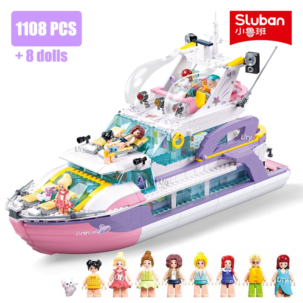 Sluban Friends Luxury Yacht Boat Party Cruise Vessel Model Building Blocks Ship Set Sea 8 Figures MOC Toy for Girl Birthday Gift