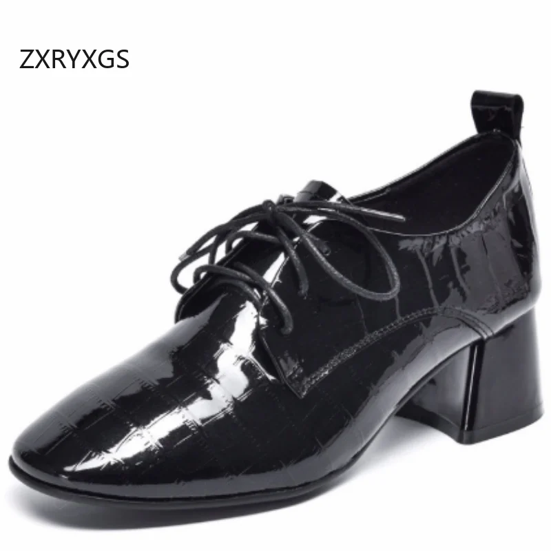 ZXRYXGS Top Cowhide Embossed Patent Leather Women Mid-heeled Shoes 2026 Autumn Lace-up British Style Elegant Fashionable Shoes