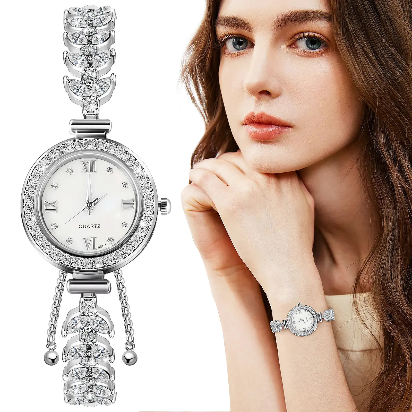 

Women's Quartz Watch Elegant Mermaid Design Rhinestone Round Dial Silver Chain Bracelet Crystal Watch Luxury Ladies Wristwatch
