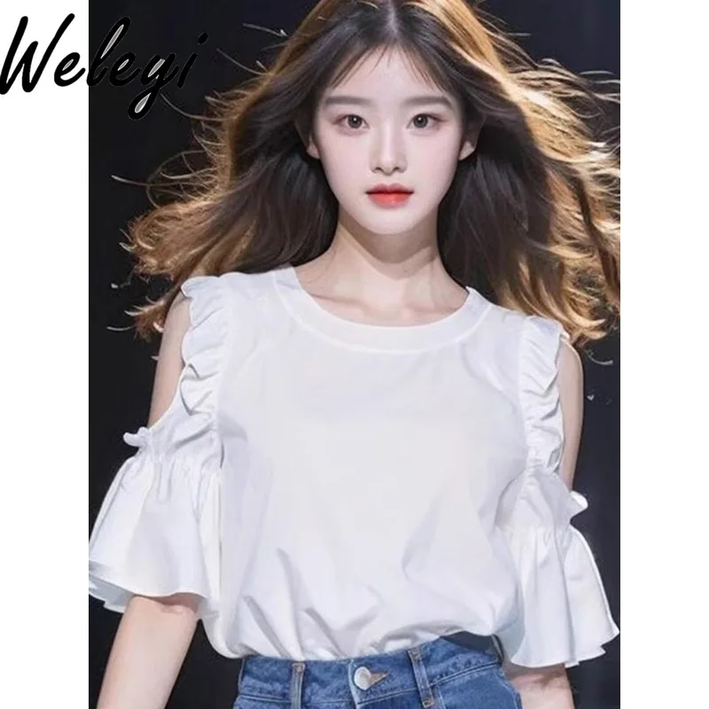 

Unique Chic Pretty Small Shirt Summer Women's Korean Fashion Off Shoulder White Blouse Hollow Out Ruffle Sleeve Temperament Tops