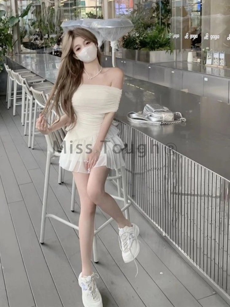 Aesthetic Sexy Fairy Two Pieces Set Women Y2k Slash Neck Tops + Solid Pleated Skirt Suit Female Korean Fashion Sweet Sets Party