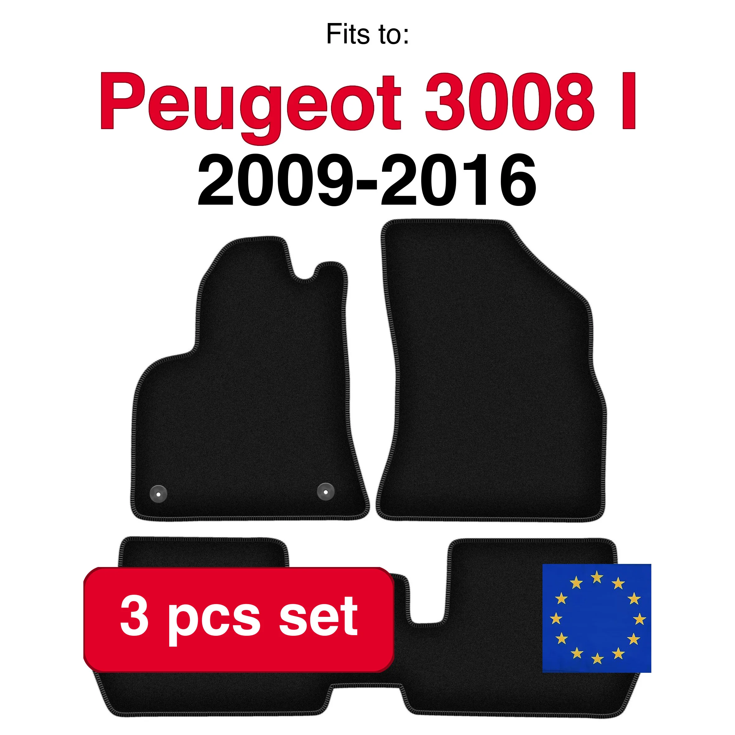 Image of Veloursteppich-Set für Peugeot 3008 und Minivan (2009-2016) - Schwarz (3-teilig) passgenaues Auto-Fußmatten-Set