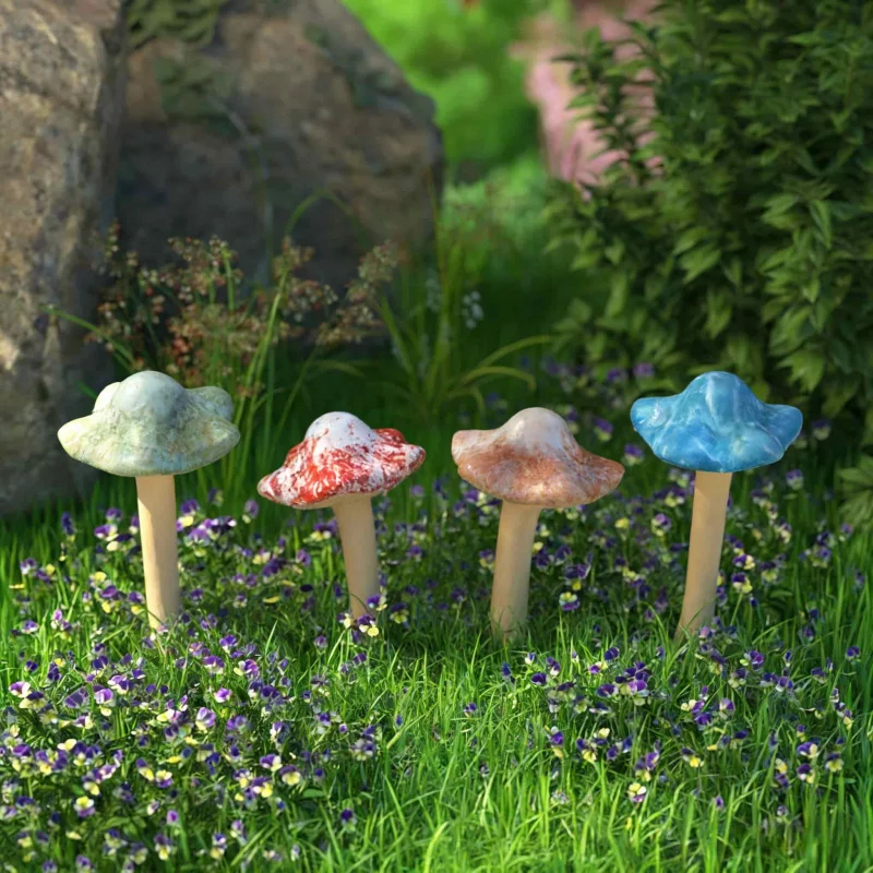 4 Pieces Fairy Mushroom Garden Decoration 11.5cm High Pottery Sculpture Random Color Landscape Ornament