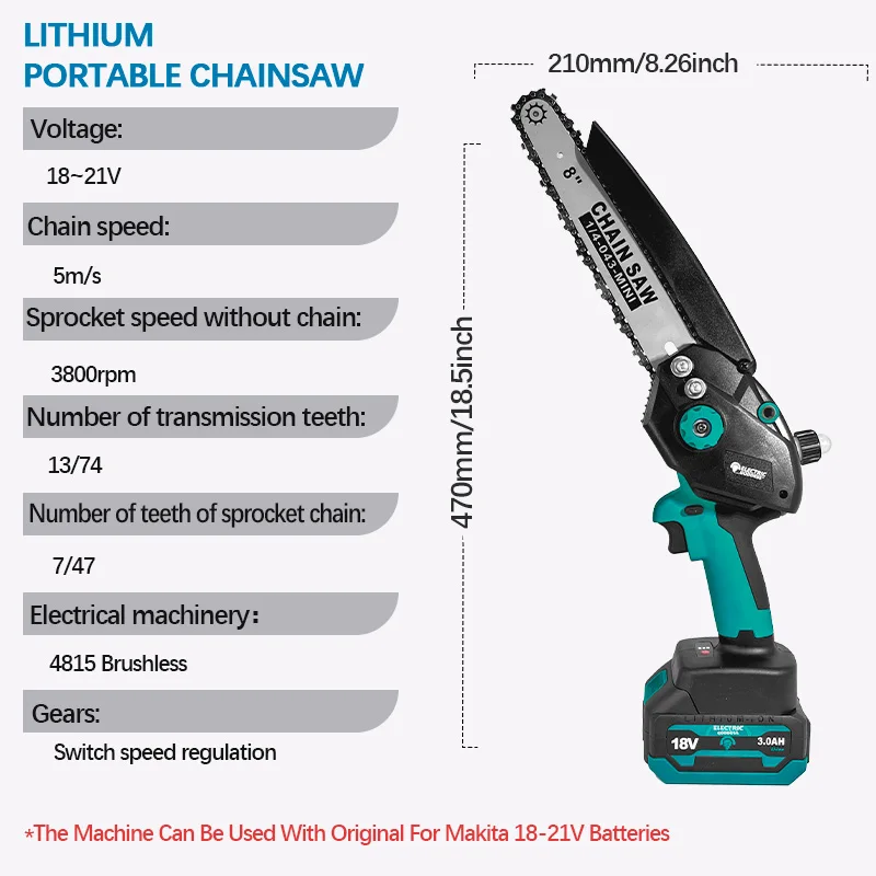 Electric Goddess 8inch Brushless Electric Chainsaw Cordless Portable Electric Saw Woodworking Tool For Makita 18V Battery Pin