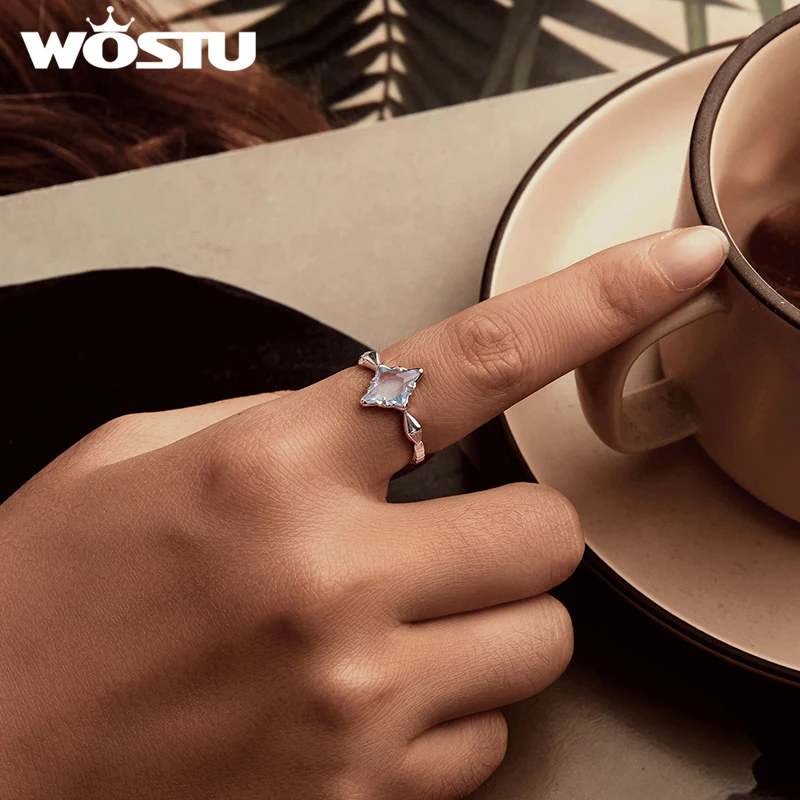 Women's 925 Sterling Silver Square Cut Light Blue Crystal Ring