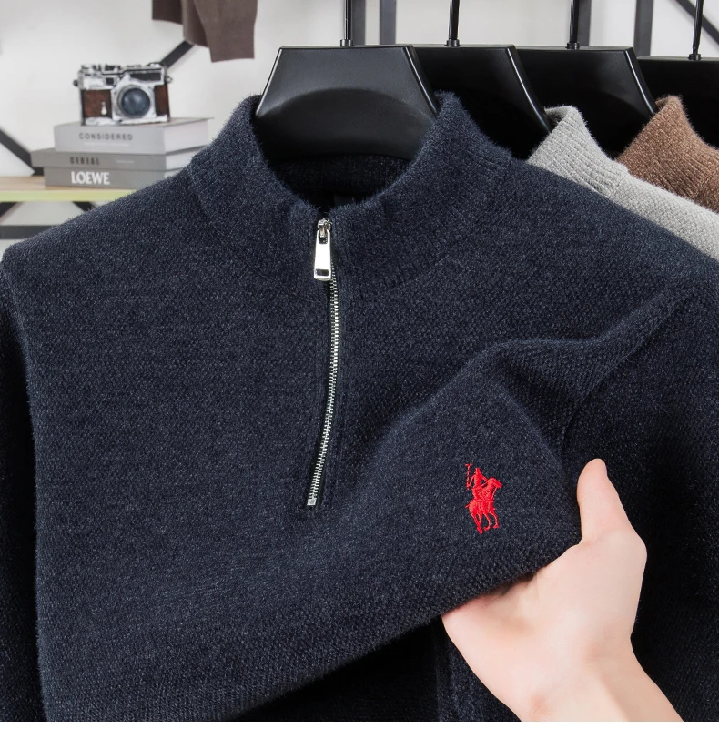 

Новый зимний элитный цельный бархатный свитер из синели на полумолнии для мужчин с утолщенным бархатом и повседневным тепловым базовым пальто