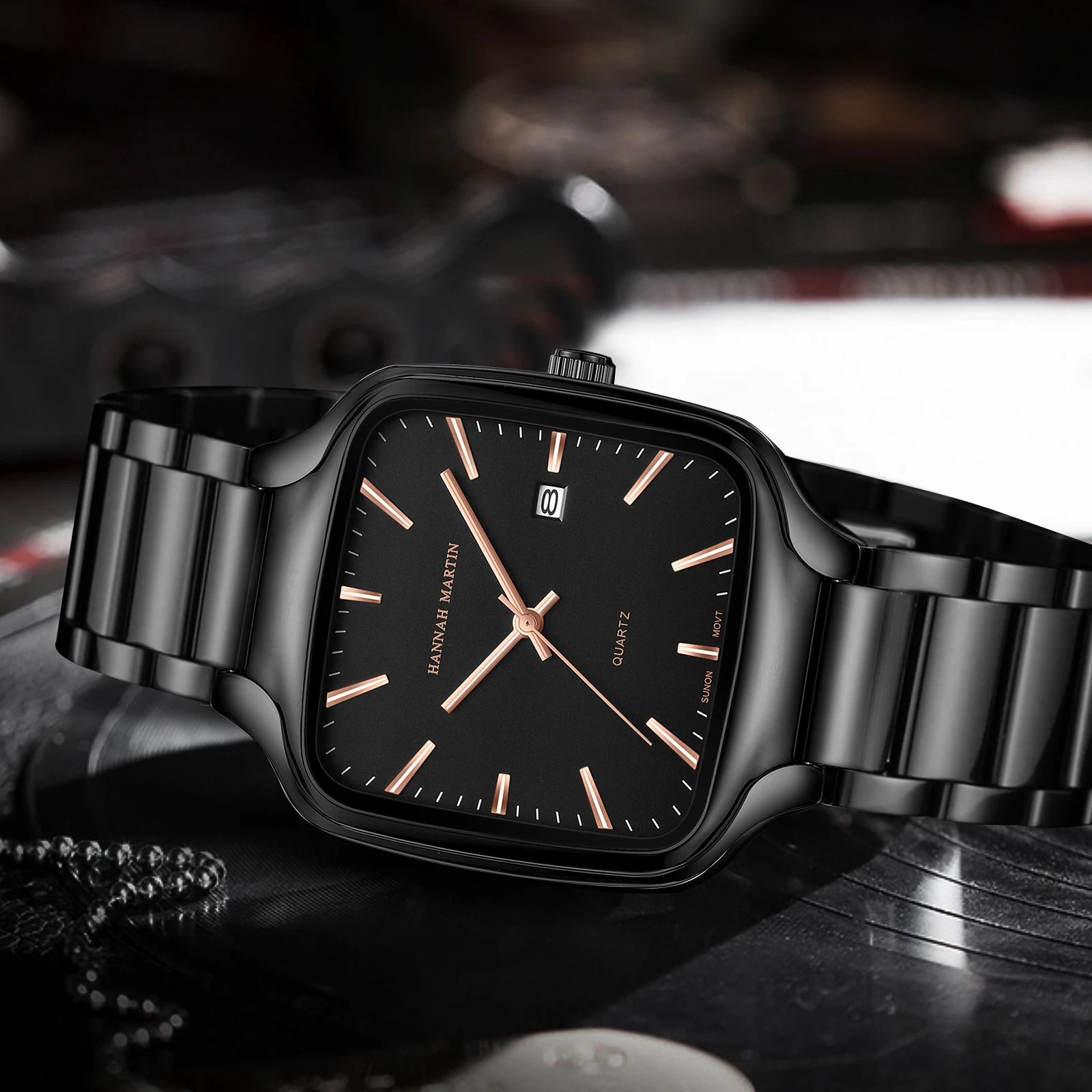 هانا مارتن العلامة التجارية الرجال الساعات السوداء مربع الفولاذ المقاوم للصدأ حزام 3Bar مقاوم للماء حركة الكوارتز اليابانية ساعة رياضية للرجال