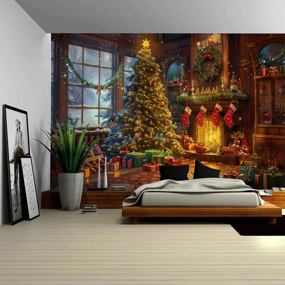 Vintage Christmas Tapestry Nostalgic Fireplace Window Snow Wall Decoration Cloth Warm Holiday Home Background