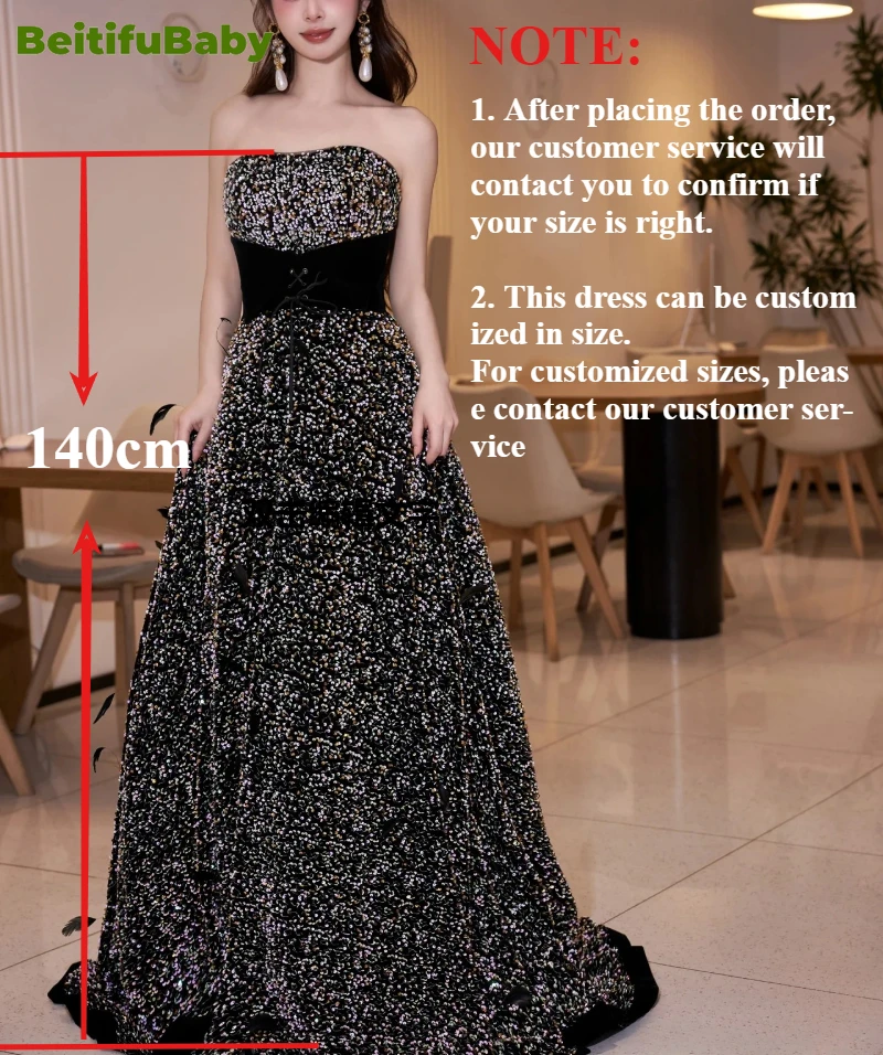 BeitifuBaby Elegant Evening Party Dresses for Women Black Sequined Sexy Strapless Sleeveless Lace-up Banquet Gown Formal Dress