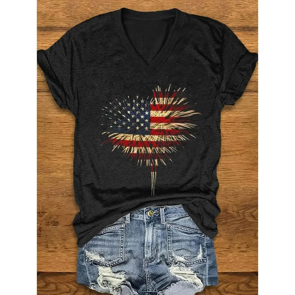 

Soft Stretchy Patriotic American Flag Fireworks Display V-Neck T-Shirt - Machine Washable, Casual Style for All Seasons