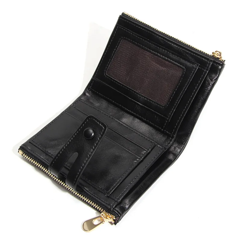 Oil Wax Leather Short Bifold Wallet, Snap Button Flap Purse with Side Zipper Coin Pocket & Clear ID Window for Women Men