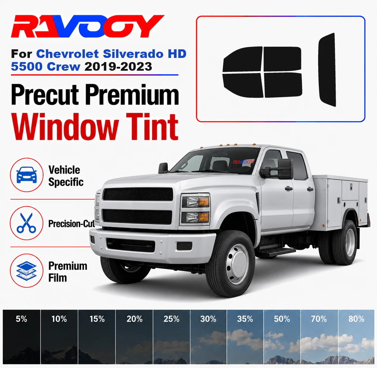 

Premium Precut Window Tint Kit Front Rear Windows For Chevrolet Silverado HD 5500 Crew 2019-2023 Complete Set Nano Ceramic Film