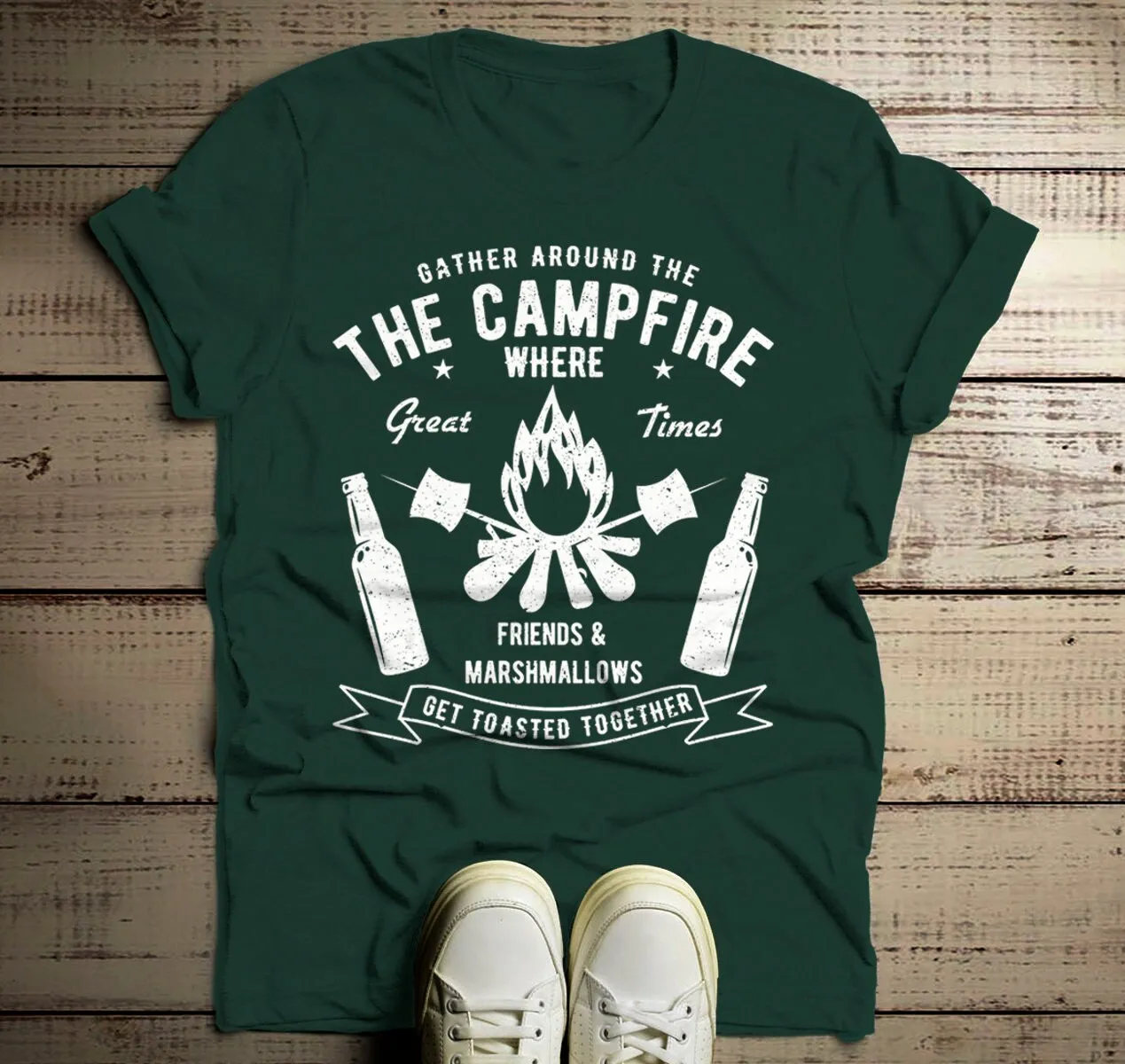 Men's Funny Campfire T Shirt Gather Around Marshmallows Friends Get Toasted Beer