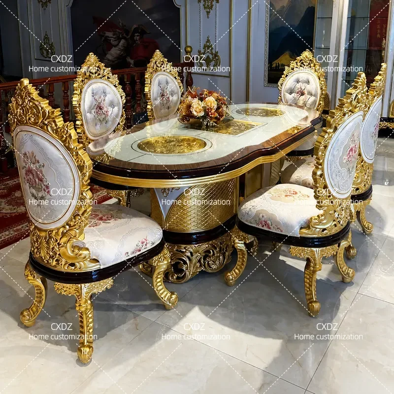European solid wood dining table rectangular French dining table dining chair high-end luxury gold long table luxury