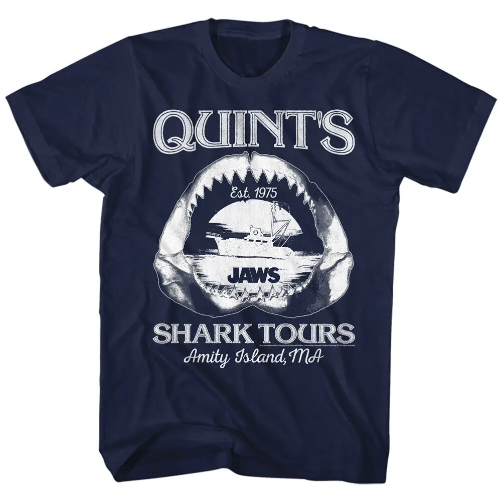 Jaws 70's Thriller Movie Quint's Shark Tour Est 75 Amity Island MA Men's T Shirt