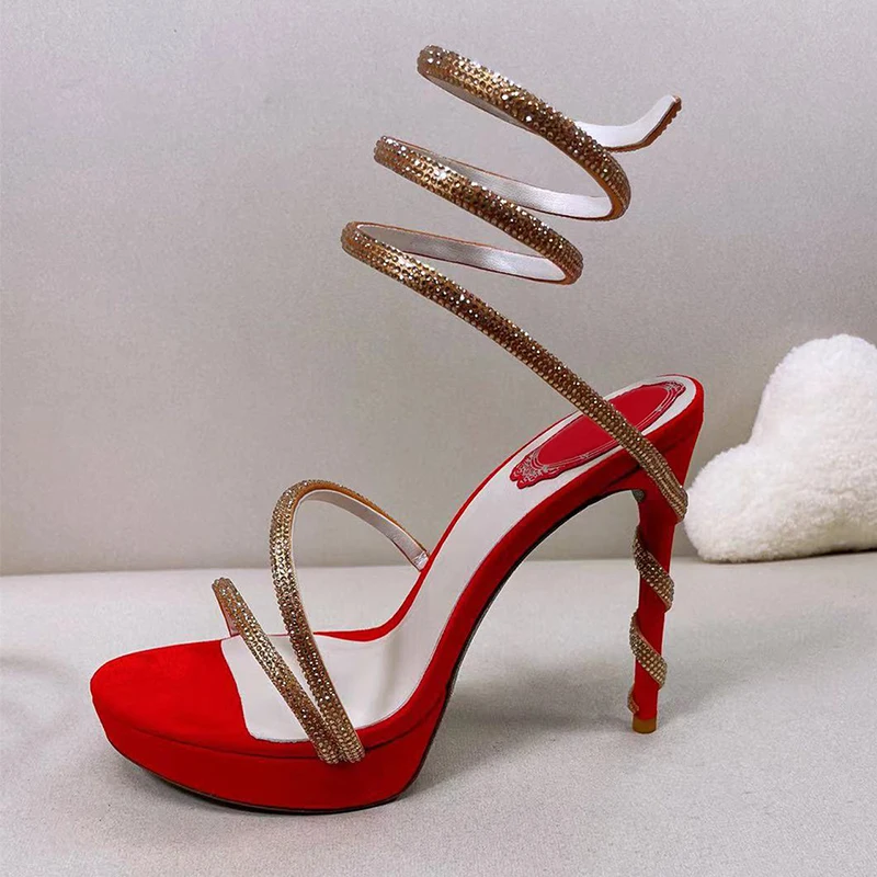 Dress Shoes Women Rhinestone Decor Waterproof Platform Sandalias Summer Crystal Design Snake Shaped Elastic Strap Sandals Pumps