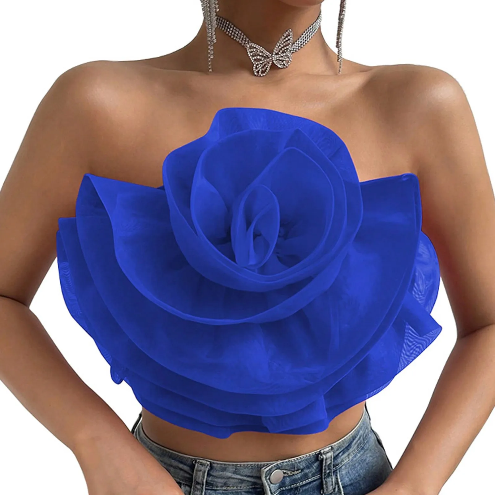 Slim Fit Women\'s Flower Front Crop Tube Top Sleeveless Strapless Solid Shirred Tops Camisole Loose Tops Women