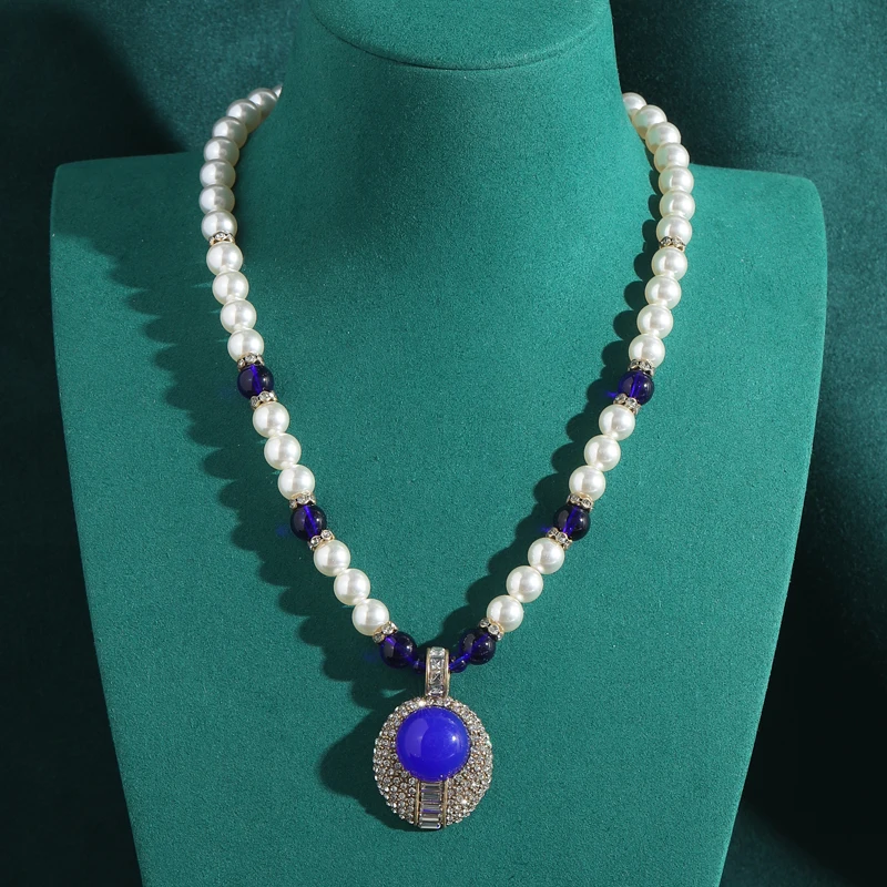 

Vintage Glass Blue Pearl Chain Lapis Lazuli Pendant Necklaces For Woman Accessories Luxury Designer Jewelry 2025 Trends New