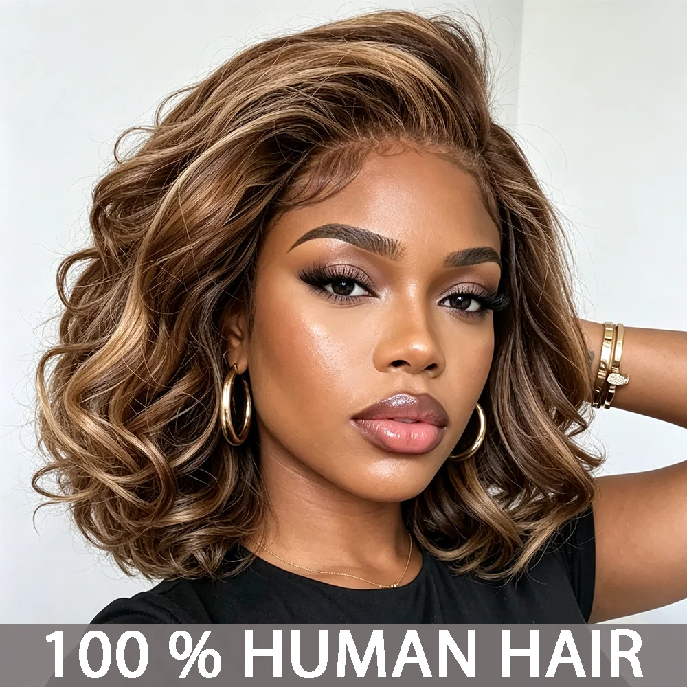4x4 Transparent Lace Front Short Wavy Bob Human Hair Wigs for Women 10 Inch Ombre Honey Blonde Balayage Highlight Loose Curly
