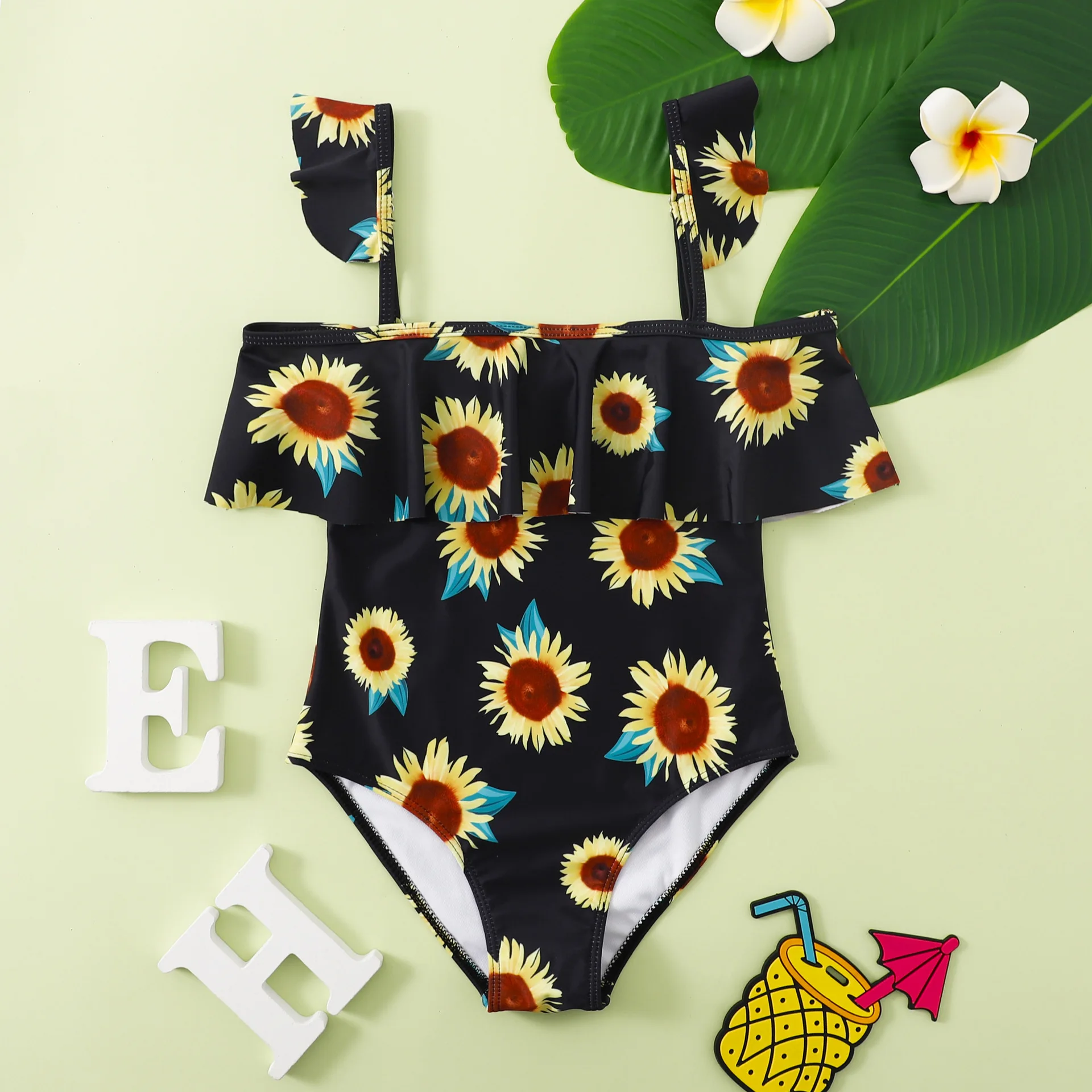 Retro Teenage Girls One Piece Swimsuit 7-12 Years Kids Swim Suit Sunflower Print Ruffled Swimwear Beachwear Bathing Suits Summer