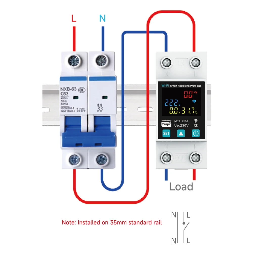 SmartLife TUYA App WIFI 63A Circuit breaker Earth Leakage Over Under Voltage Protection Protector Relay Switch Energy kWh Meter