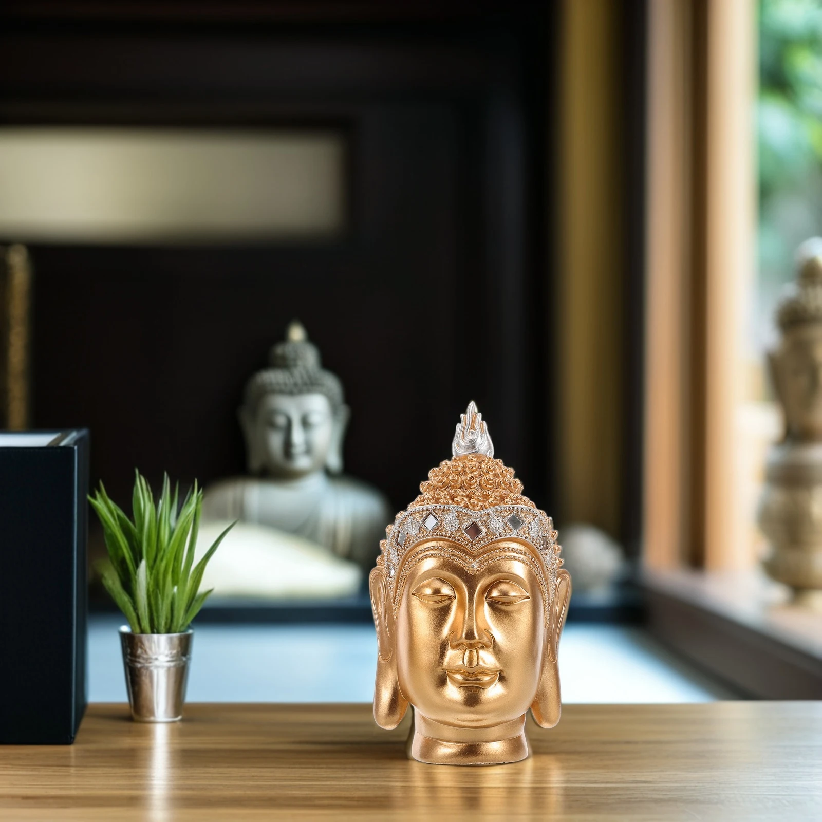 

Exquisite Resin Handmade Buddha Head Sculpture Vintage Desktop Ornament Office Table Shelf Decor Resin Buddha Head Sculpture