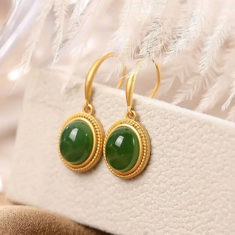 

Autumn New Style Ancient Gold Craft Natural Hetian Jade Green Oval Earrings for Women Exquisite Luxury Ladies Silver Jewelry