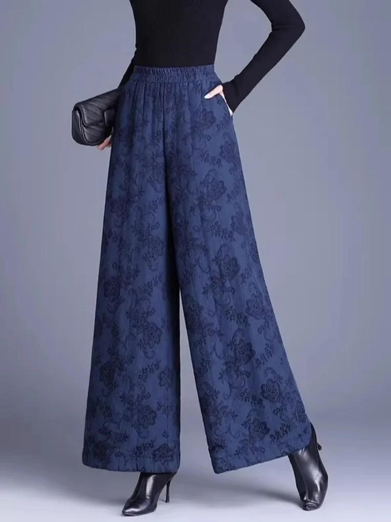 

Fashion High-End Jacquard Wide Leg Pants - Women's Winter Warm Trousers with Down Cotton, Loose Casual Palazzo Bottoms w1900