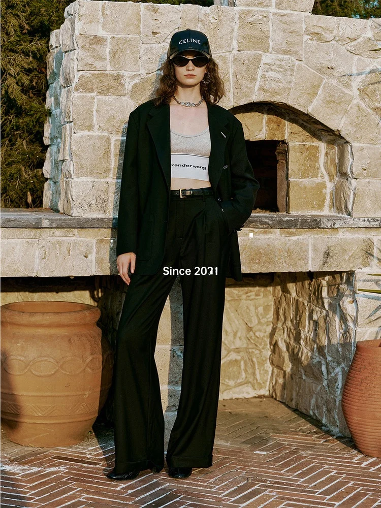 

Blanini Woolen Suit Jaet Pants Milan Eye Handmade Women's Busin Casual Faion Loose Fit Long Sve Single Button