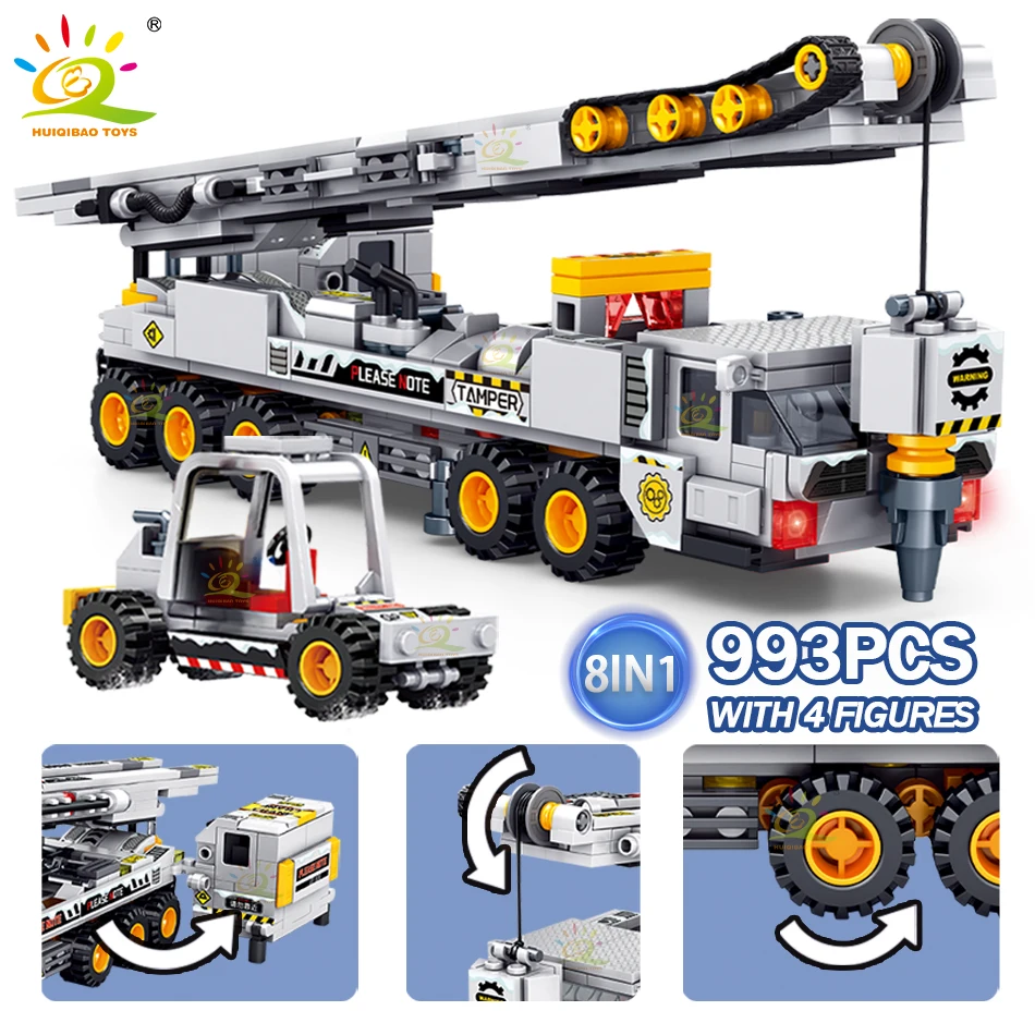 HUIQIBAO 8IN1 993PCS Snow Rescue Vehicle Building Blocks Crane Snowcrawler Wrecker Bricks City Construction Toy for Children Boy